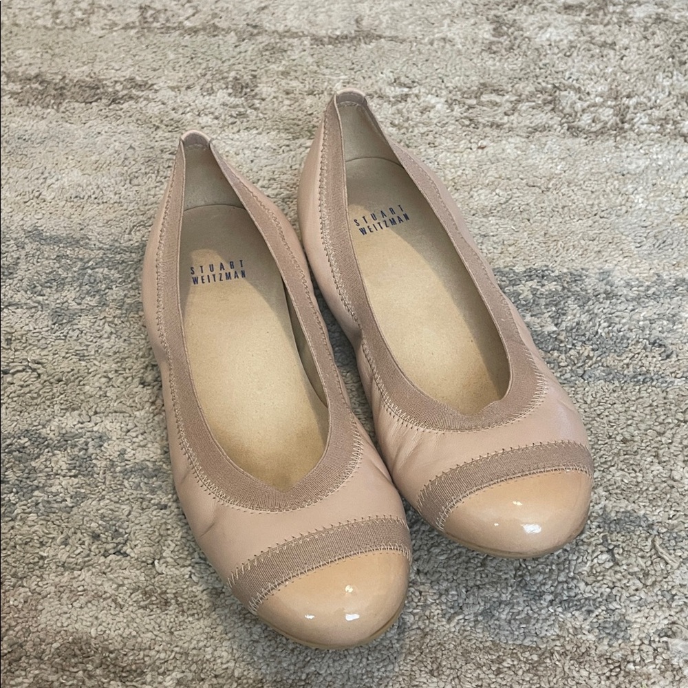 Stuart Weitzman Nude Cap-Toe Scrunch Leather Ballet Flats